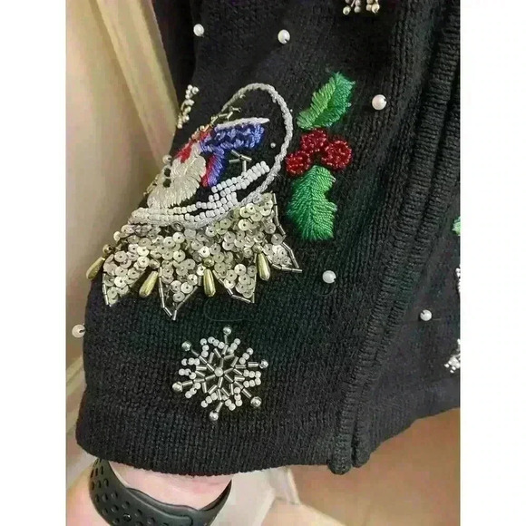 Vintage BP Design Black Beaded Christmas Snow Globe Full Zip Sweater Faux Fur M - Picture 9 of 12